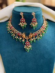 Premium Elephant Antique Kemp Stone Necklace with green hanging stones