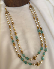 2 Layered Pearl & Blue Beads Long Chain