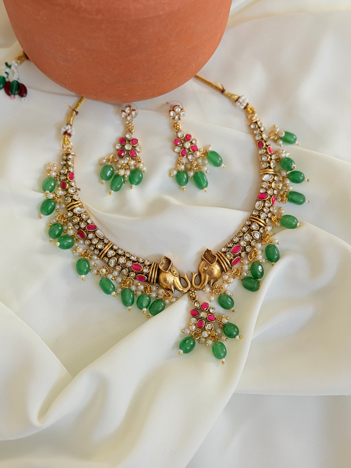 Premium Elephant Antique Kemp Stone Necklace with green hanging stones