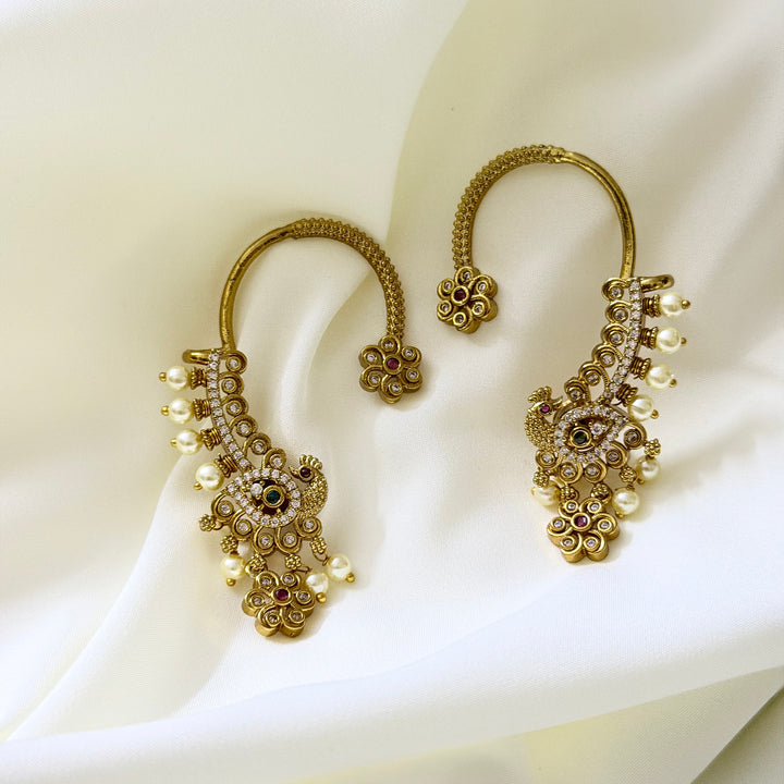 Premium Golden Peacock Earcuff With Pearl Hangings