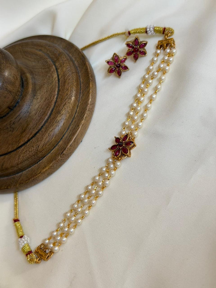 Ruby Pearl 3-Layer Choker with Earrings
