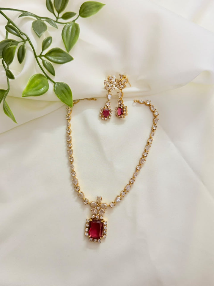 Precious Red Stone AD Stone Necklace With Earrings