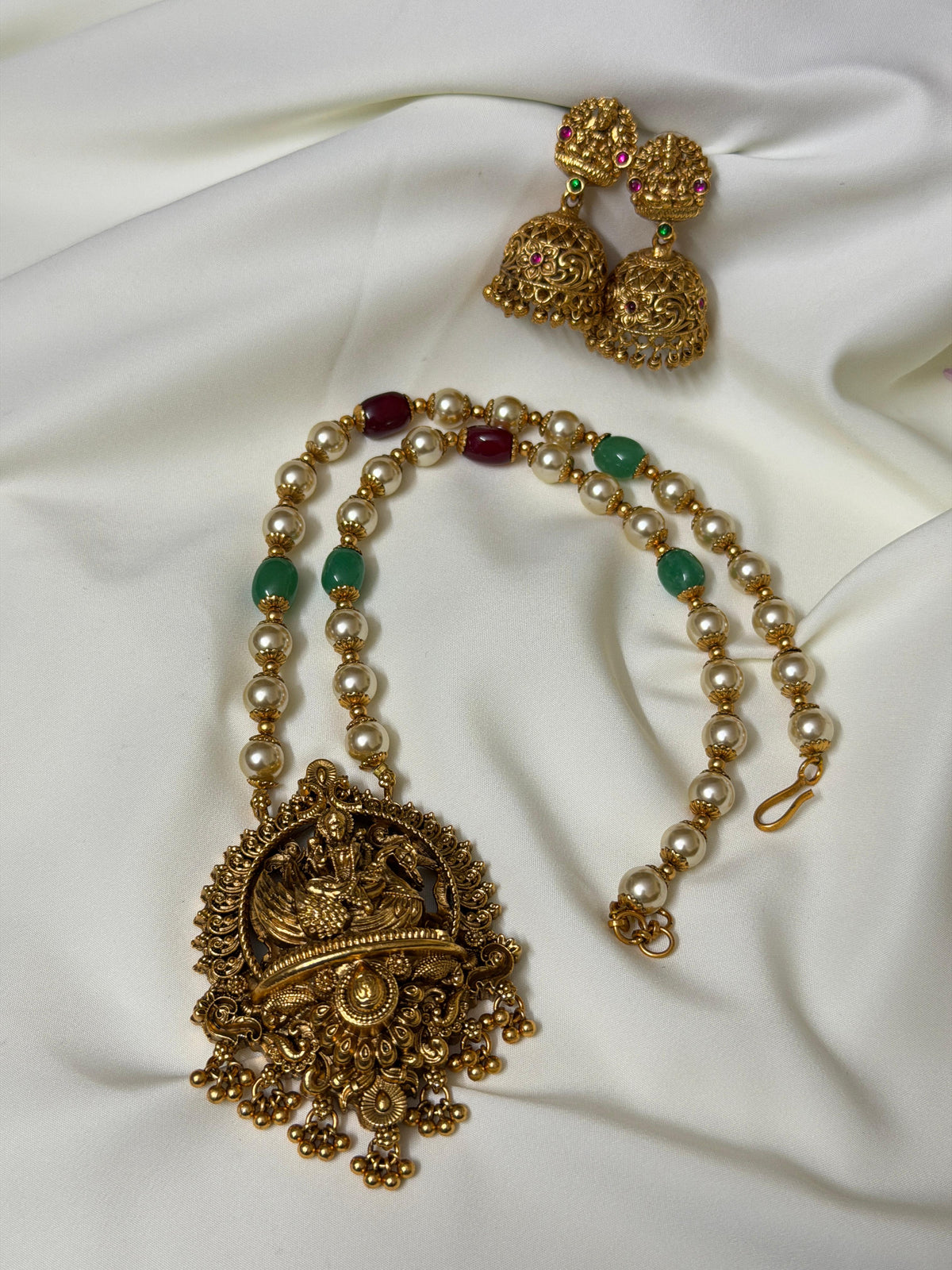 Lakshmi Pearl Haram With Green And Red Beads