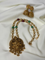 Lakshmi Pearl Haram With Green And Red Beads