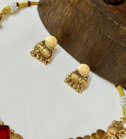 Double Layer Coin Necklace With Red Stone Pendant