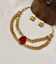 Double Layer Coin Necklace With Red Stone Pendant