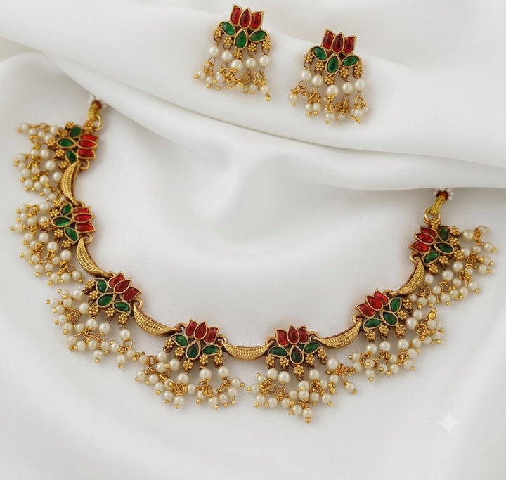 Lotus Neckpiece With Pearl Hanging