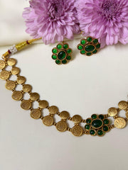 Coin Necklace With Green Flower Pendant Green