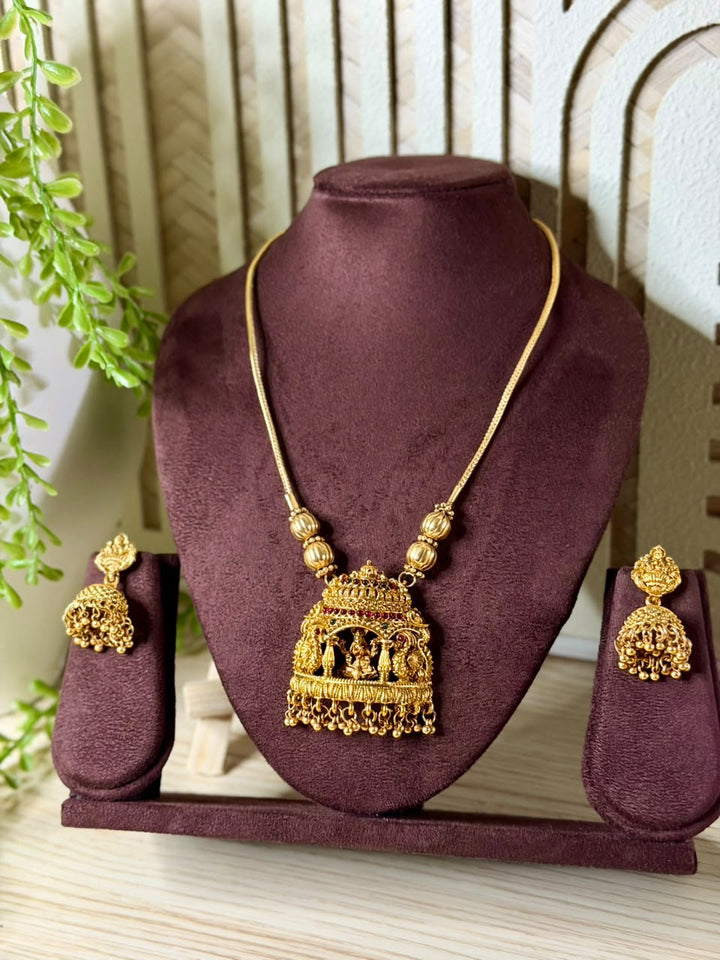 Gopuram Lakshmi Pendant With Chain And Earrings