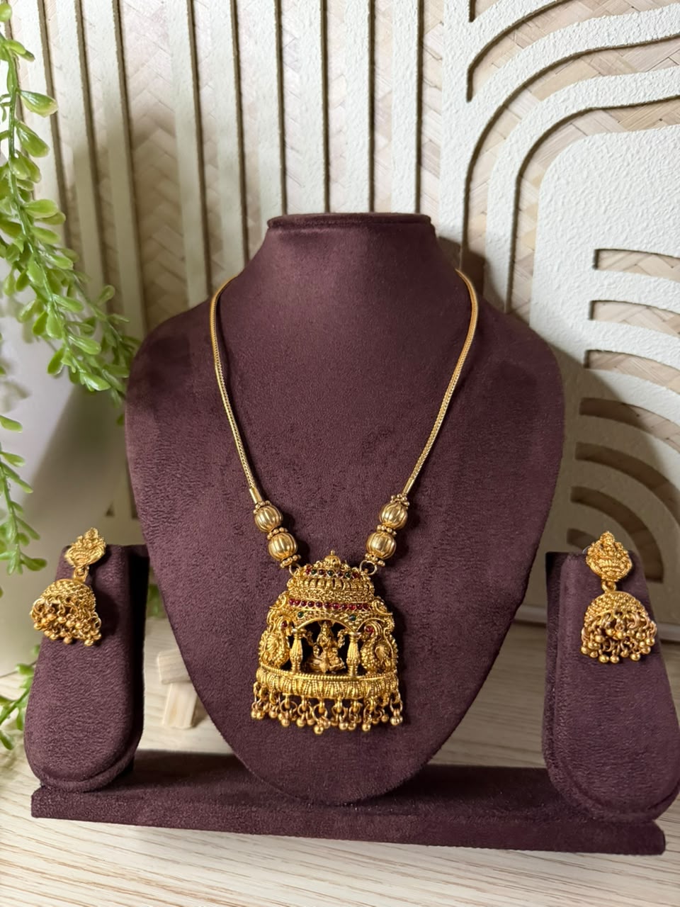 Gopuram Lakshmi Pendant With Chain And Earrings