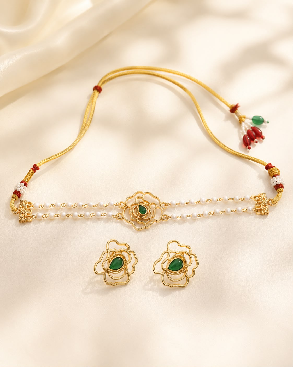 Pearl Choker With Green Stone Rose Flower