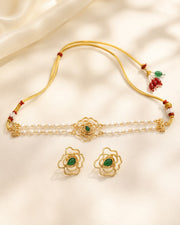 Pearl Choker With Green Stone Rose Flower