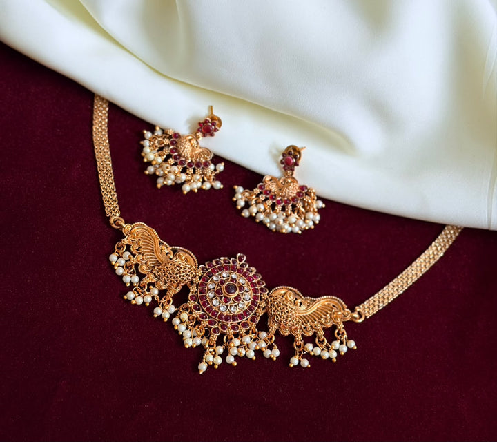 Chettinad Peacock Choker Set Ruby Stone With Earrings