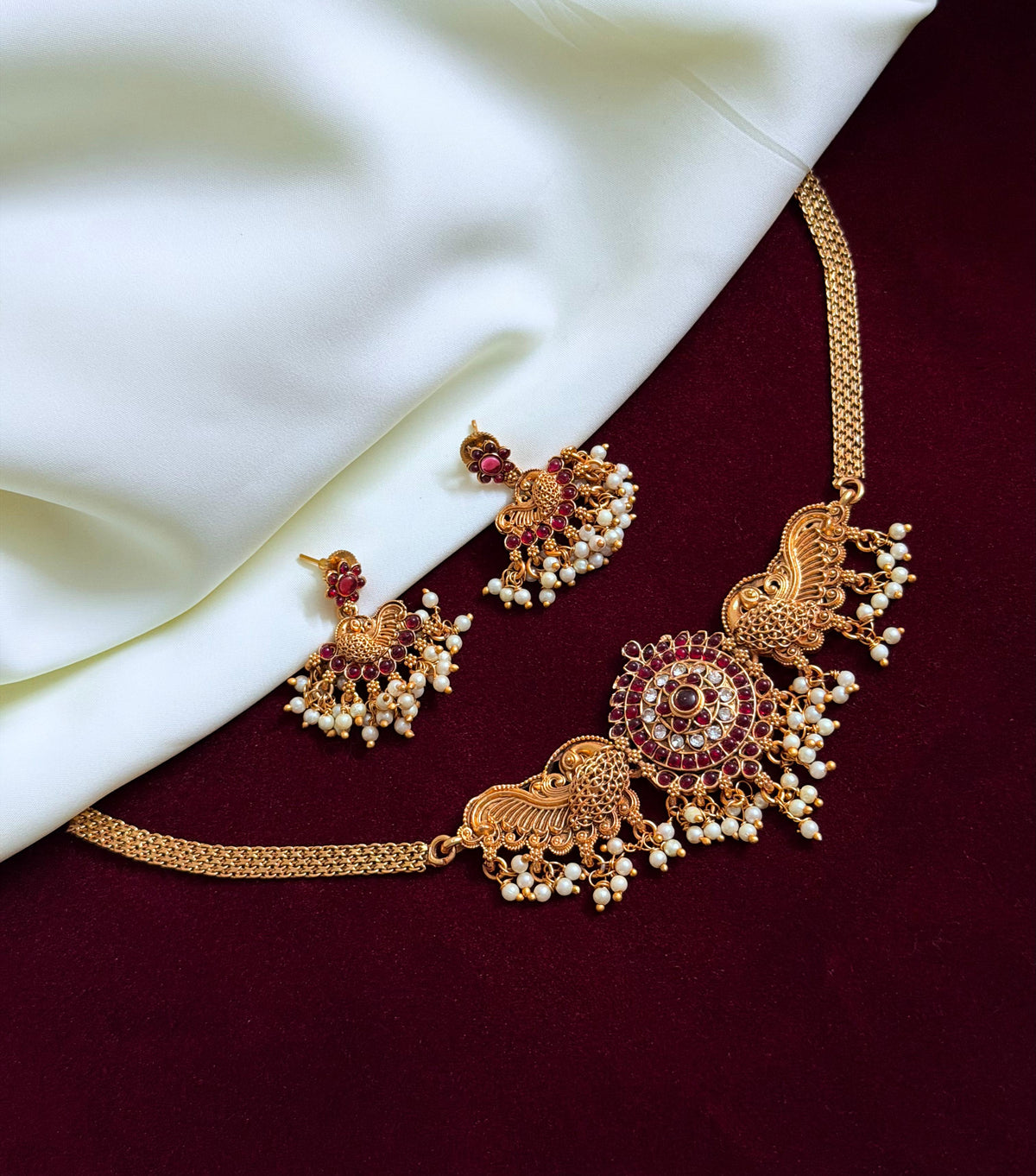 Chettinad Peacock Choker Set Ruby Stone With Earrings