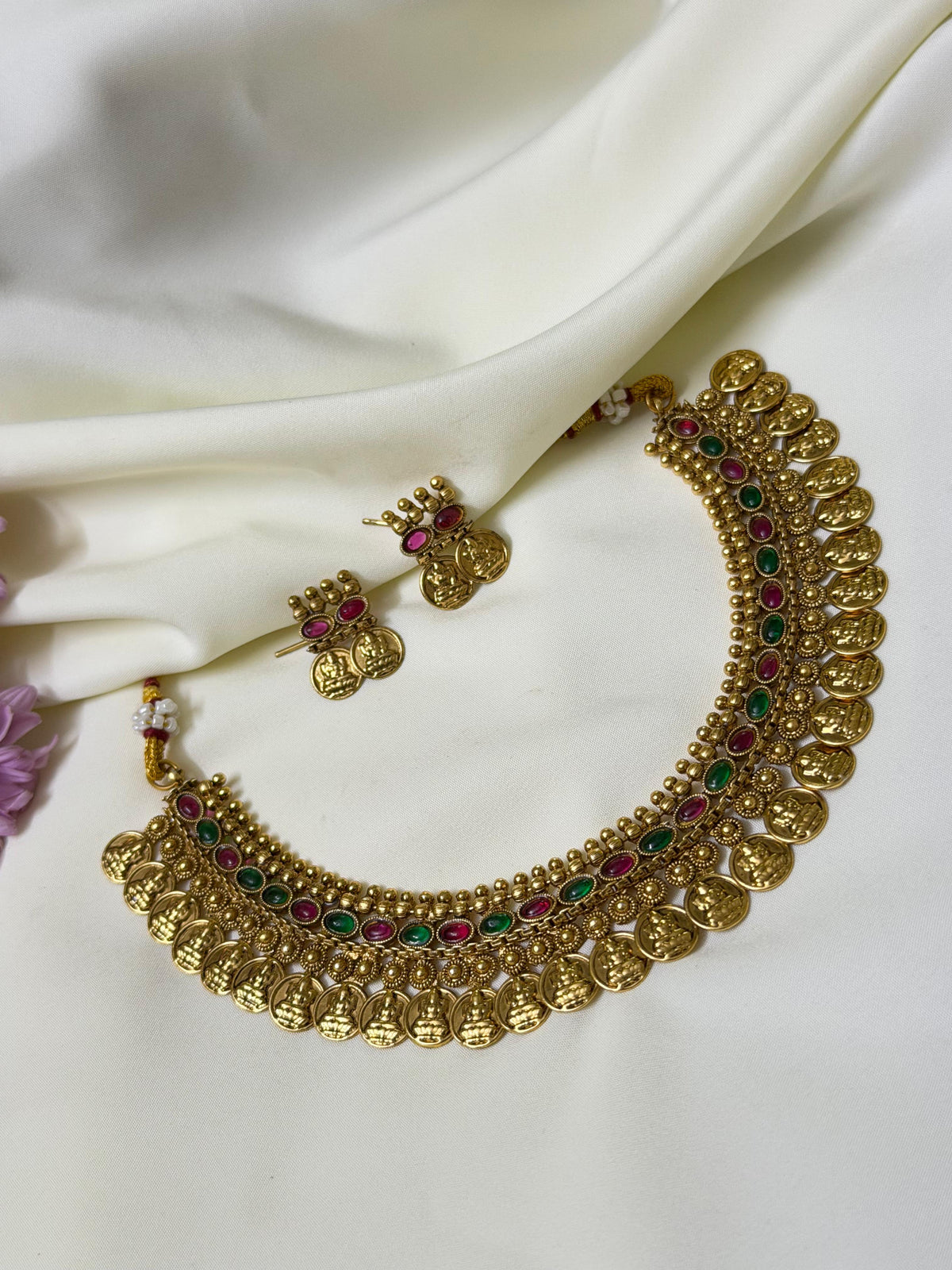 Lakshmi Kasu Mala Set With Multi Colour Stones
