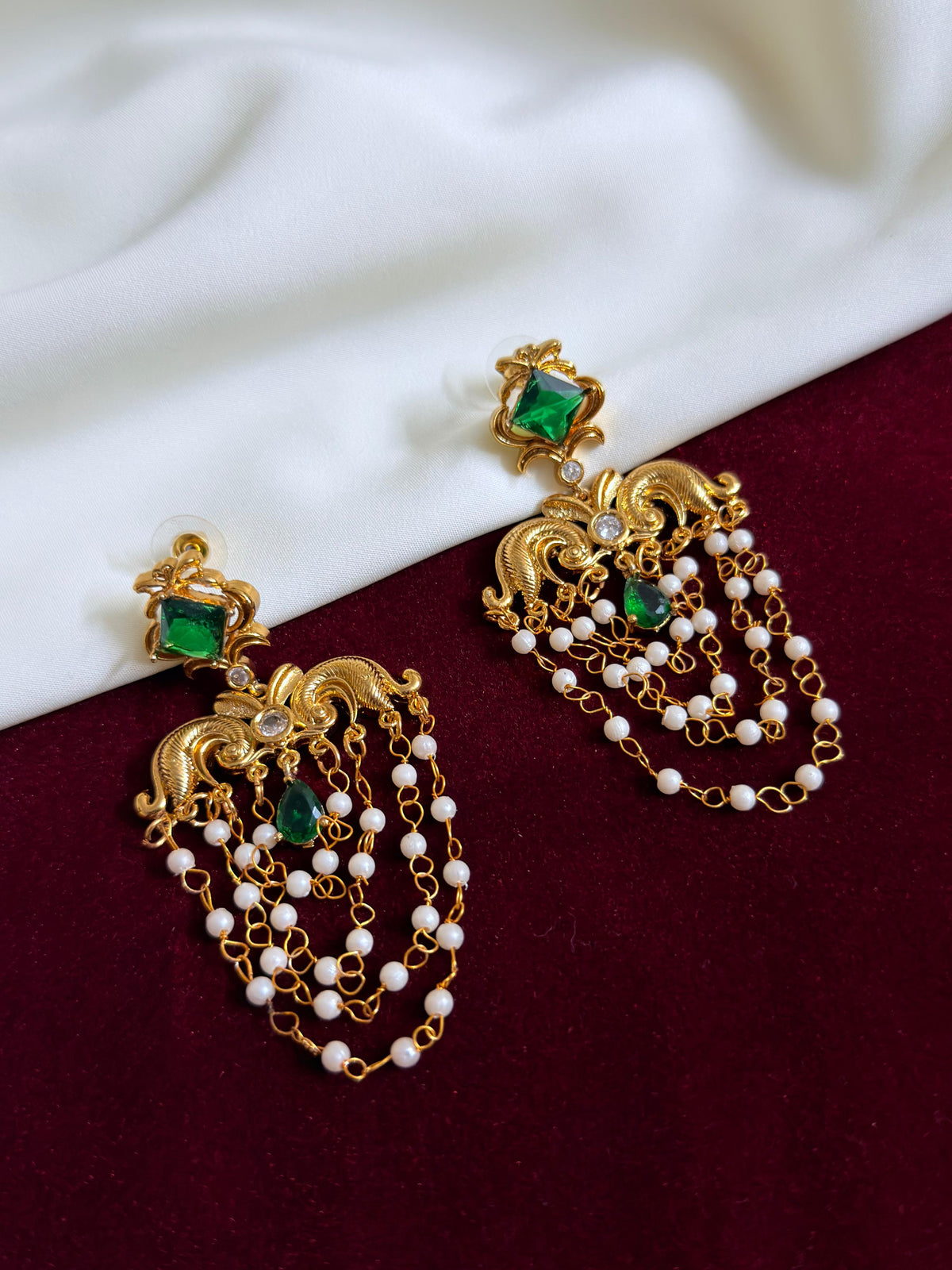 Diamond Shape Layered Pearl Earrings — Green