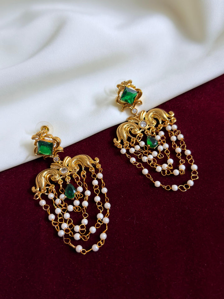 Diamond Shape Layered Pearl Earrings — Green