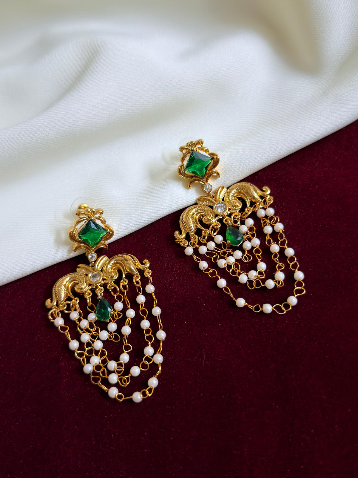 Diamond Shape Layered Pearl Earrings — Green