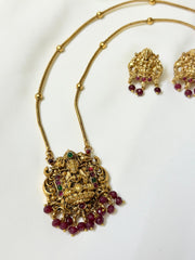 Antique Temple Pendant And Chain With Red Pearls Short Haram