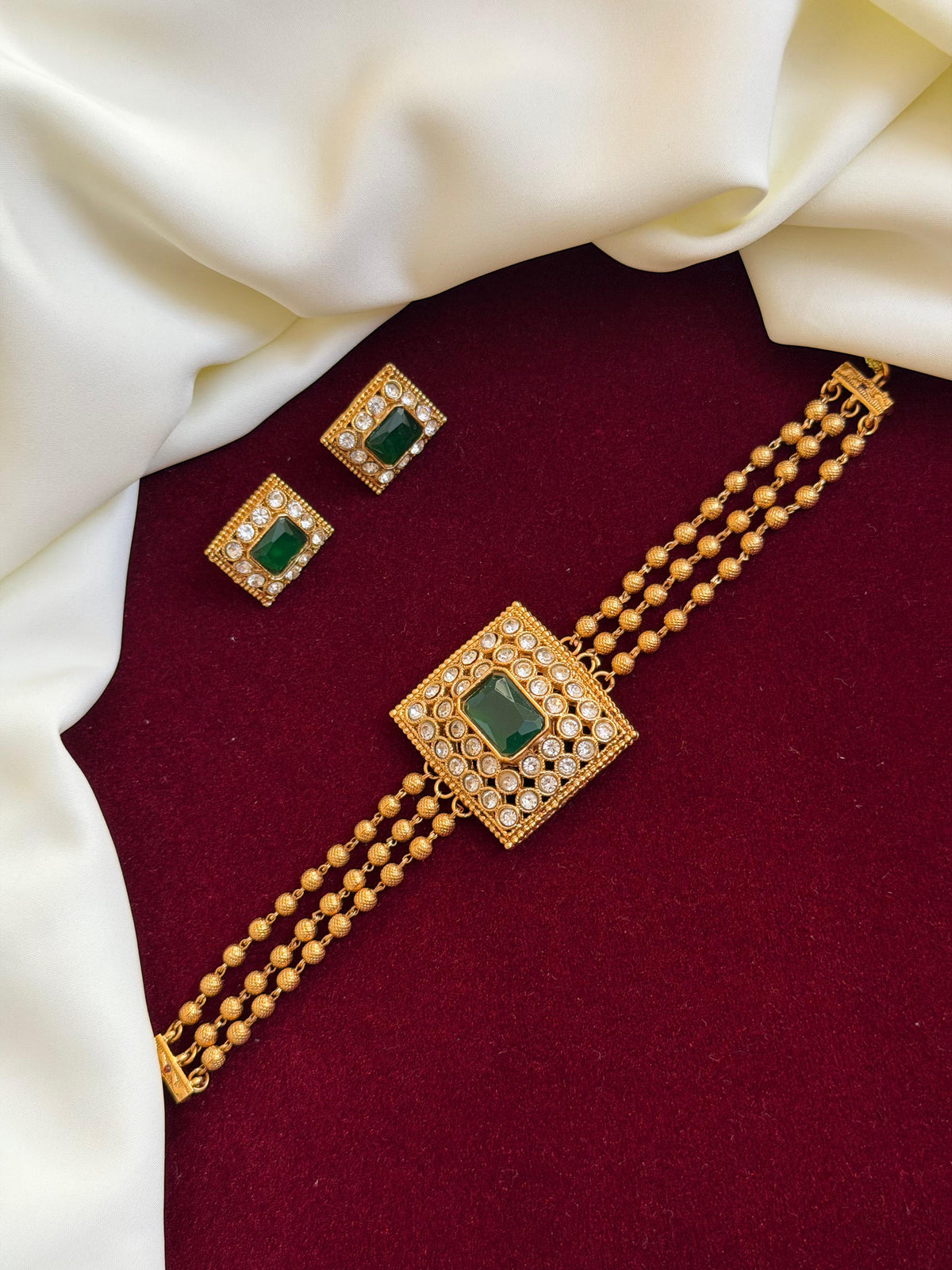 Green Square 3line Choker With CZ Stones