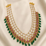 Jadau Kemp Premium Pearl Layered Haram With Green Beads