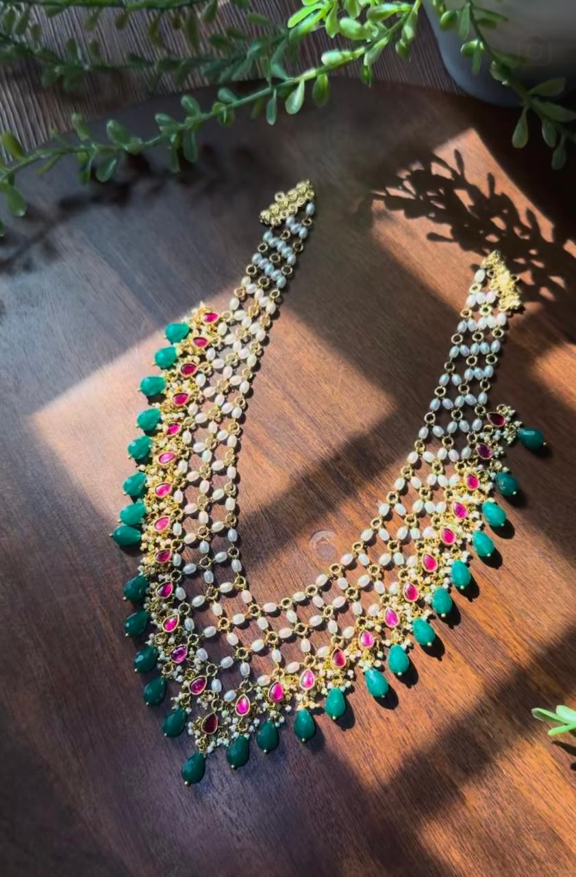 Jadau Kemp Premium Pearl Layered Haram With Green Beads