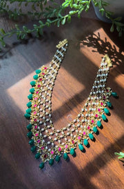 Jadau Kemp Premium Pearl Layered Haram With Green Beads