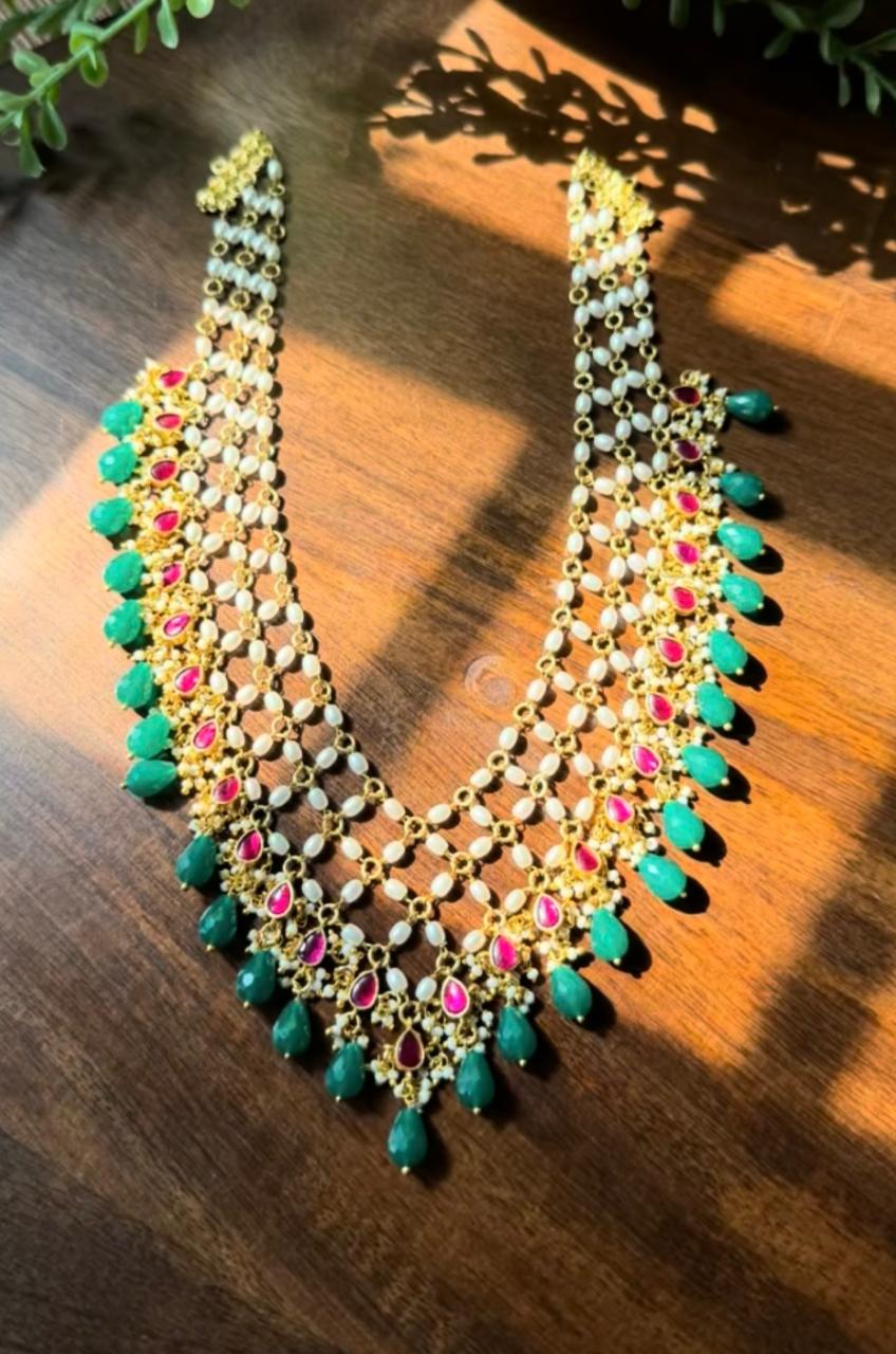 Jadau Kemp Premium Pearl Layered Haram With Green Beads