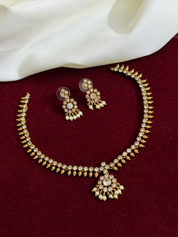 Elegant Simple CZ Stone Attigai Necklace — White
