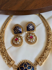 Enamel Kanti Set with Pink and White Stones — Blue
