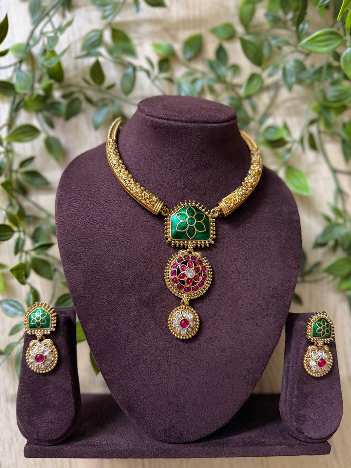 Enamel Kanti Set with Pink and White Stones