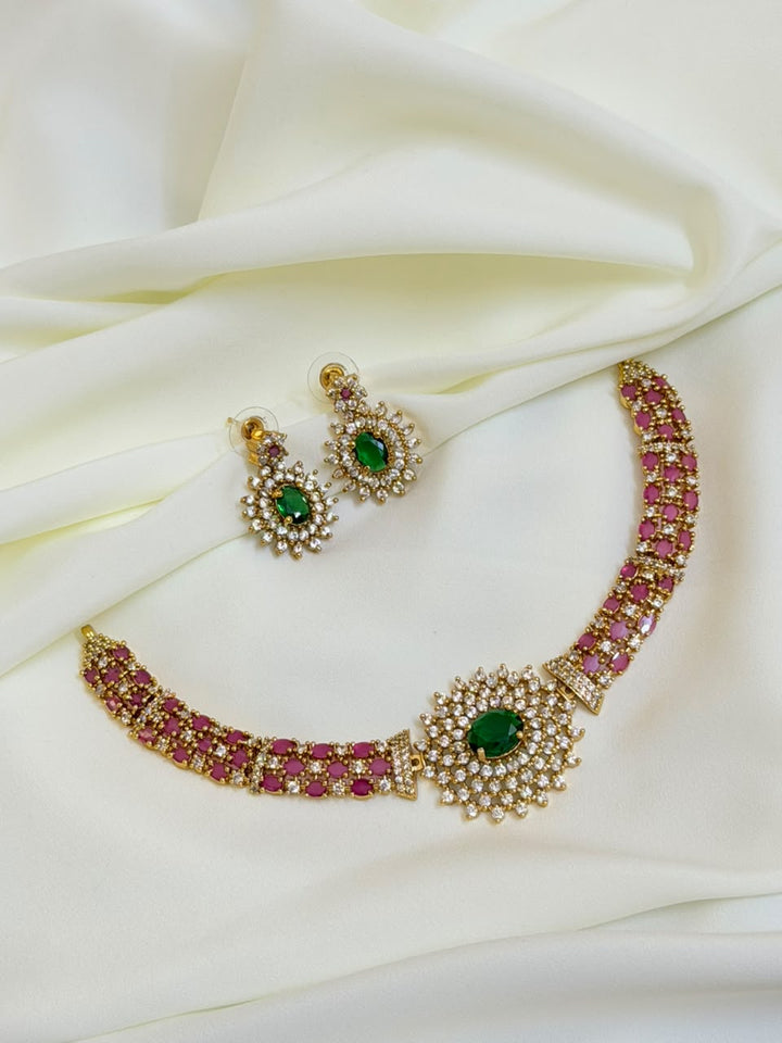 Premium Royal Ruby And Emerald AD Necklace