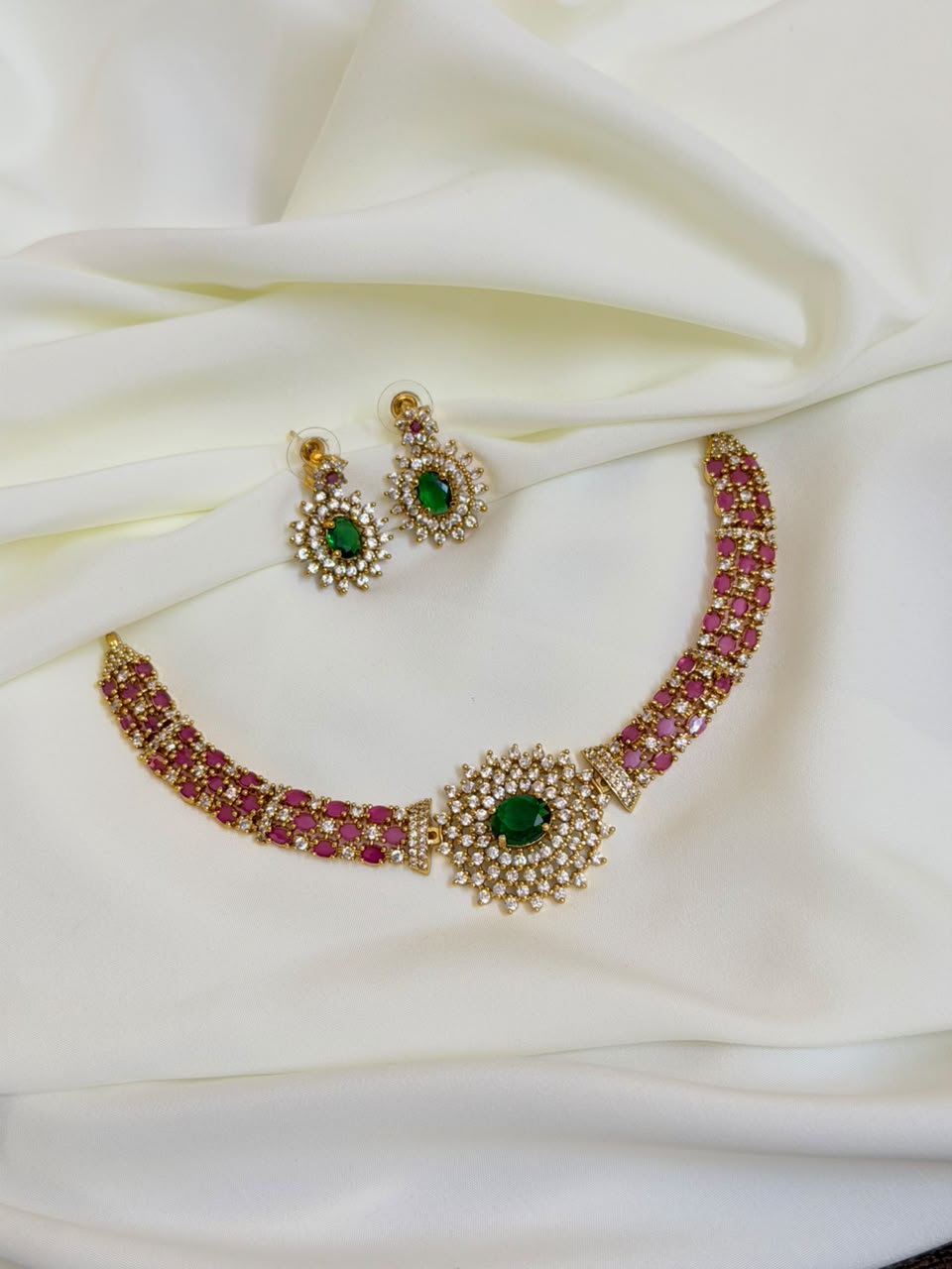Premium Royal Ruby And Emerald AD Necklace