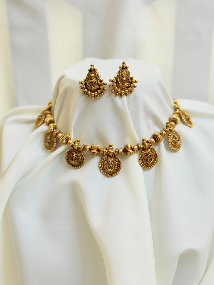 Premium Lakshmi Coin With Golden Bead Necklace