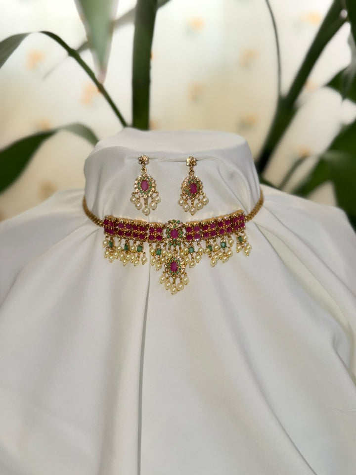 Premium Ruby And Green Guttapusalu Choker