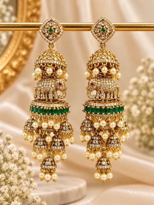 Premium CZ Airavat Jhumka — Green