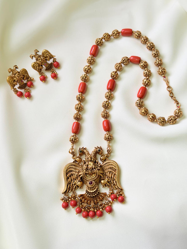 Coral Beads With Gandhaberunda Pendant