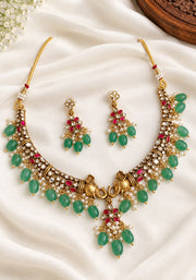 Elephant Antique Kemp Stone Necklace with Green Beads