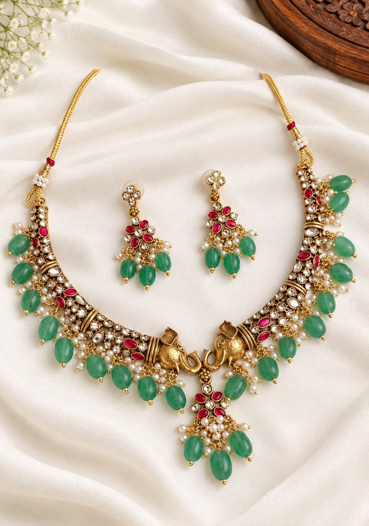 Elephant Antique Kemp Stone Necklace with Green Beads
