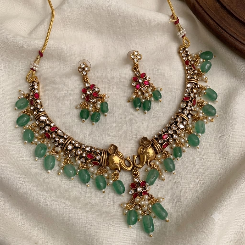 Elephant Antique Kemp Stone Necklace with Green Beads