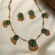 Multi Pendant Floral Short Neckpiece With Golden Beads — Green