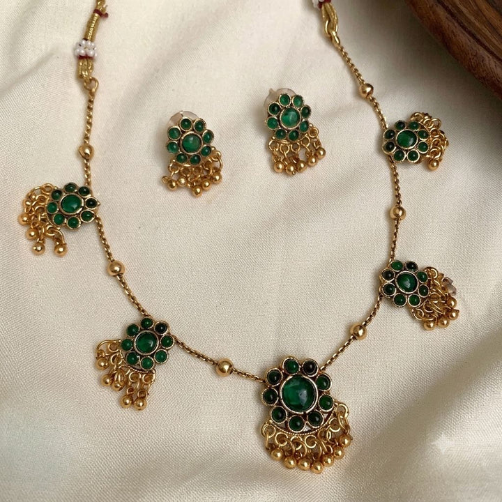 Multi Pendant Floral Short Neckpiece With Golden Beads — Green