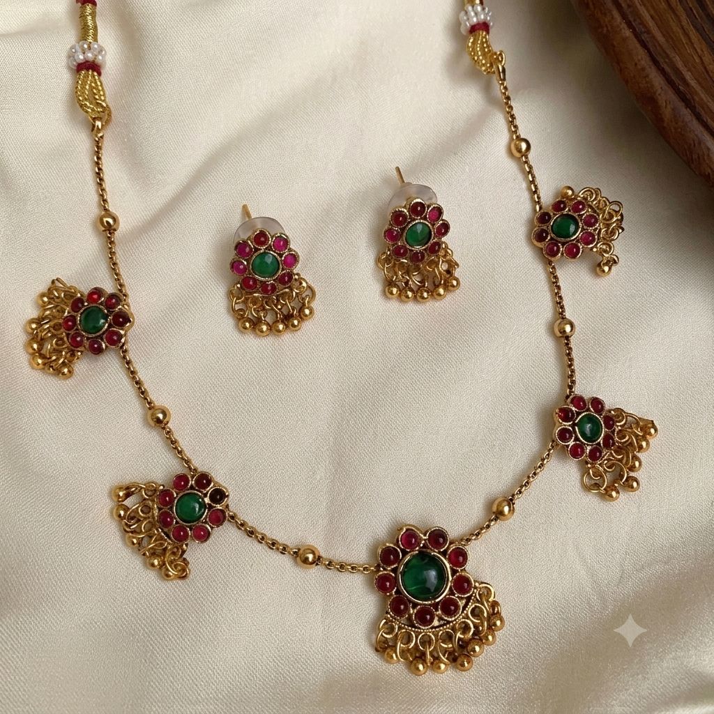 Multi Pendant Floral Short Neckpiece With Golden Beads — Multi