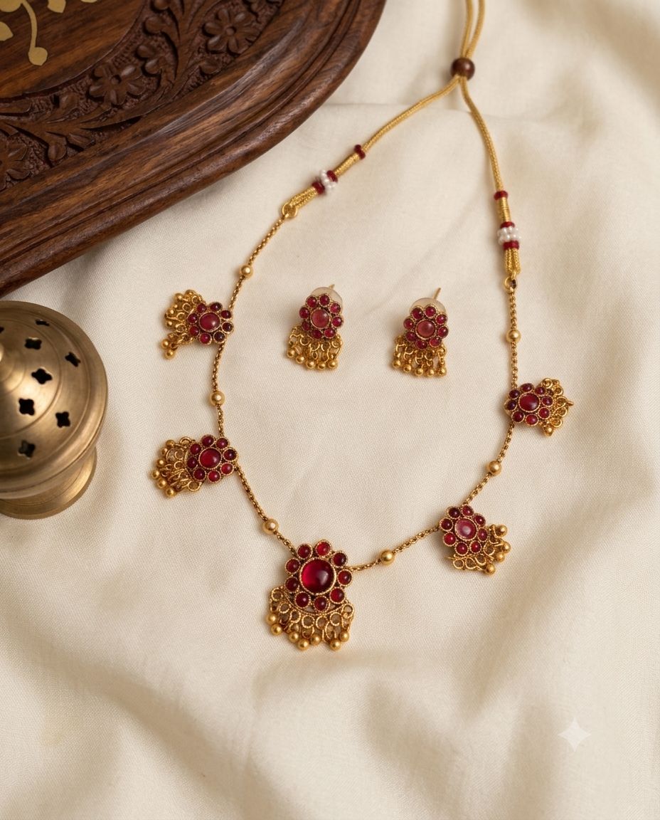 Multi Pendant Floral Short Neckpiece With Golden Beads — Pink