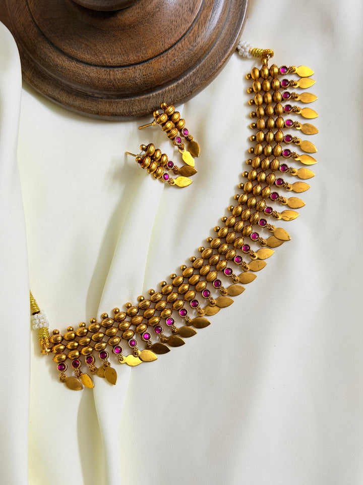 Antique Gold Beaded Pink Stone Elakathaali