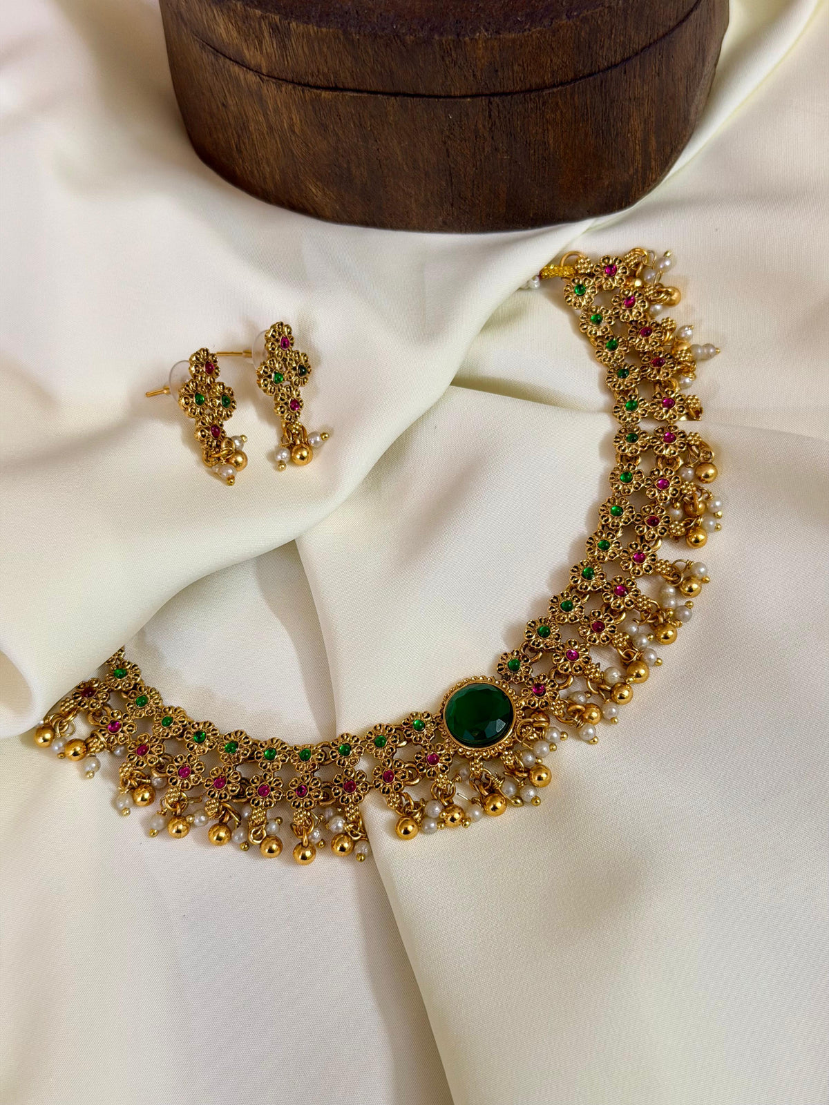 Non Idol Floral Necklace With AD Stone And Gold Bead Hangings — Multi