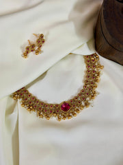 Non Idol Floral Necklace With AD Stone And Gold Bead Hangings — Pink