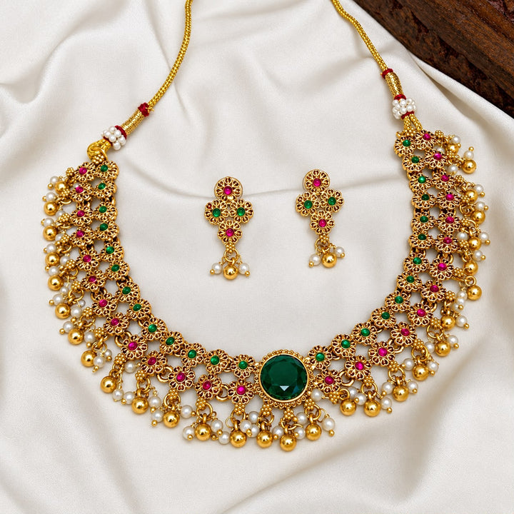Non Idol Floral Necklace With AD Stone And Gold Bead Hangings
