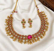 Non Idol Floral Necklace With AD Stone And Gold Bead Hangings