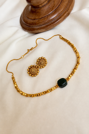 Square Raw Stone Necklace with Earrings — GREEN